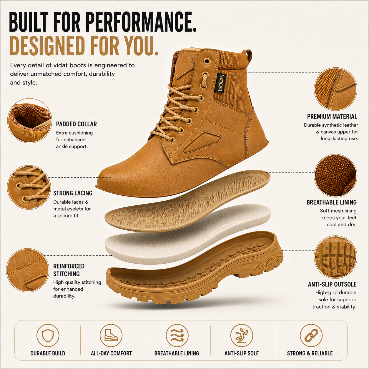 Vidat men's tan high-ankle outdoor durable boots with lace-up front and rugged sole