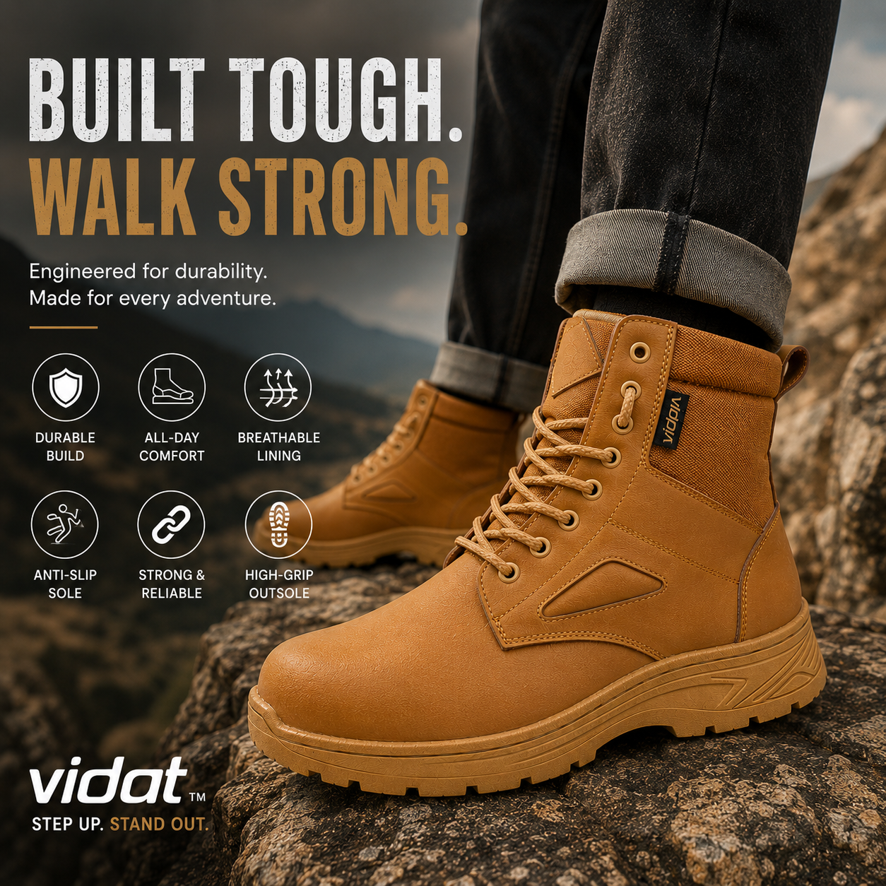 Vidat men's tan high-ankle outdoor durable boots with lace-up front and rugged sole