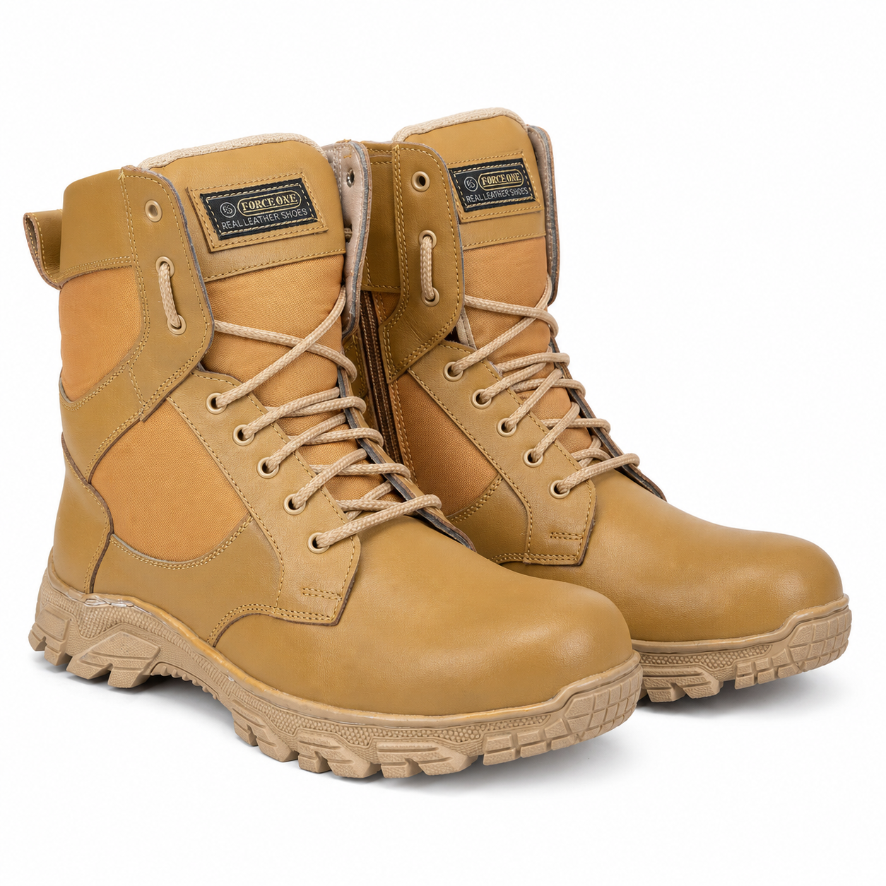 Forceone tan tactical boots for men with side zipper, laces and rugged tread sole