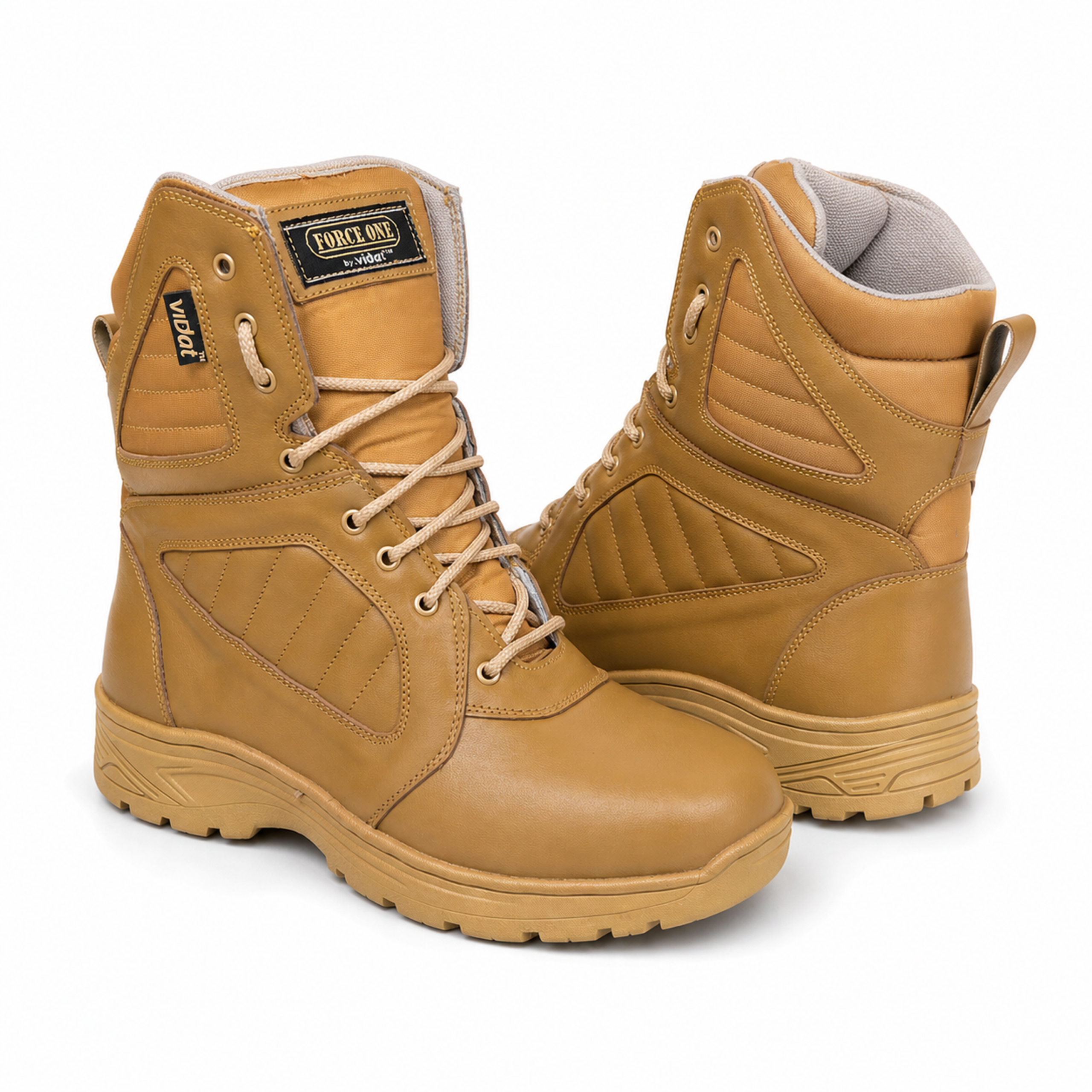 Tan men's genuine leather combat boots with high ankle design and rugged lugged sole